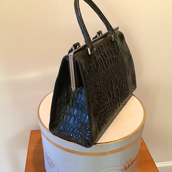 Ann Taylor Black embossed  crocodile  leather  top handle, framed satchel bag - Picture 2 of 13